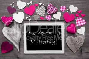 Black And White Chalkbord, Pink Hearts, Muttertag Means Mothers Day