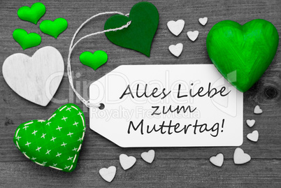 Black And White Label, Green Hearts, Muttertag Means Mothers Day