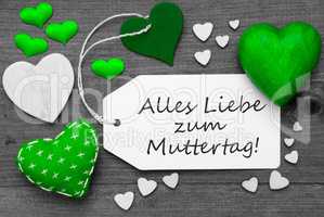 Black And White Label, Green Hearts, Muttertag Means Mothers Day