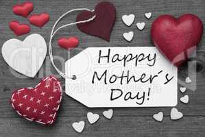 Black And White Label, Red Hearts, Text Happy Mothers Day