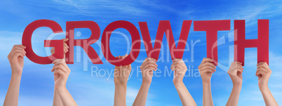 Many People Hands Holding Red Straight Word Growth Blue Sky
