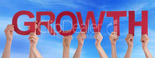 Many People Hands Holding Red Straight Word Growth Blue Sky