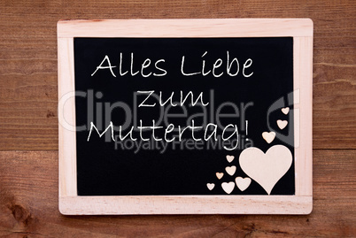 Blackboard With Wooden Hearts, Text Muttertag Means Happy Mothers Day