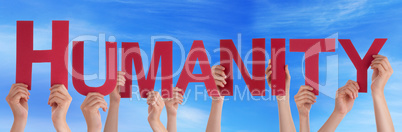 Many People Hands Holding Red Straight Word Humanity Blue Sky