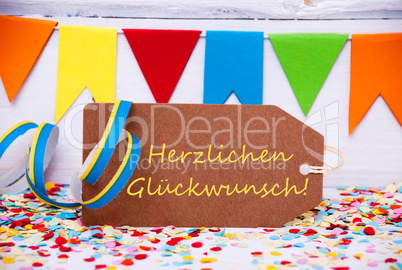 Label With Party Decoration, Text Glueckwunsch Means Congratulations