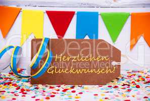 Label With Party Decoration, Text Glueckwunsch Means Congratulations