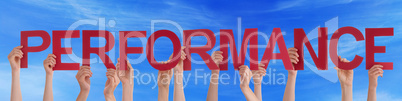 Many People Hands Holding Red Straight Word Performance Blue Sky