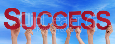 Many People Hands Holding Red Straight Word Success Blue Sky