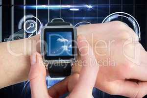 Woman using smartwatch with clouds