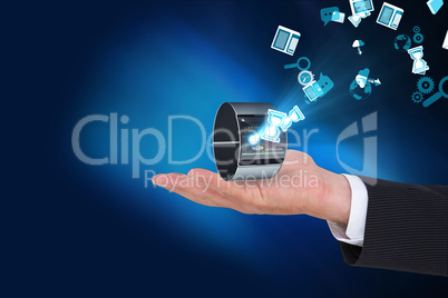Businessman holding smart watch with icons