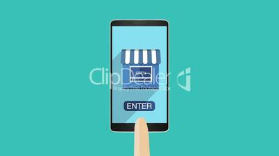 Mobile and internet shopping concept animation, using smart phone.