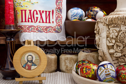 Easter eggs, pottery on a wooden tray