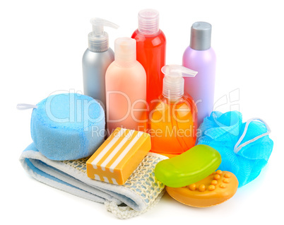 soaps and sponge isolated on white background