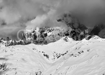 Black and white view on Mount Ushba in haze