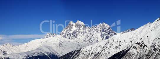 Panoramic view on Mount Ushba in winter at sunny day