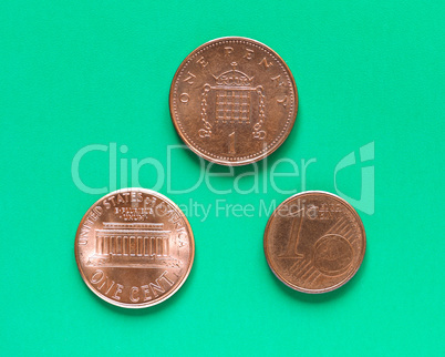 Dollars, Euro and Pounds - 1 Cent, 1 Penny