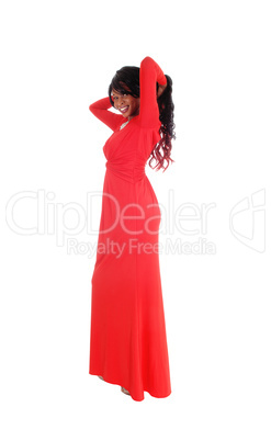 African American woman red long dress.