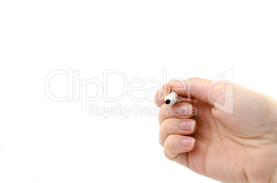 Female hand over white background