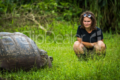 Woman staring intensely at Galapagos giant tortoise