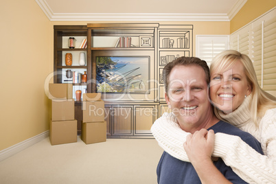 Young Couple In Room With Drawing of Entertainment Unit On Wall