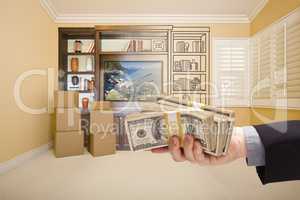 Holding Out Cash Over Drawing of Entertainment Unit In Room