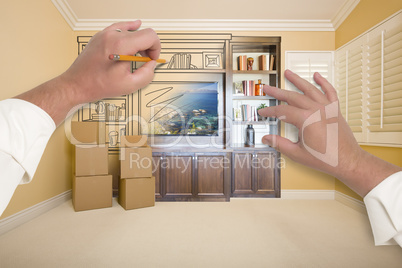 Hands Drawing Entertainment Unit In Room With Moving Boxes