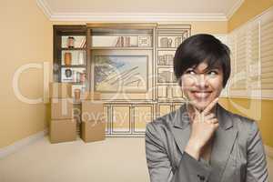 Mixed Race Female In Room With Drawing of Entertainment Unit