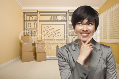 Mixed Race Female In Room With Drawing of Entertainment Unit