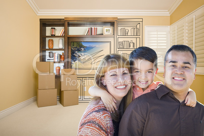 Mixed Race Family In Room With Drawing of Entertainment Unit