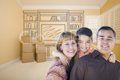 Mixed Race Family In Room With Drawing of Entertainment Unit