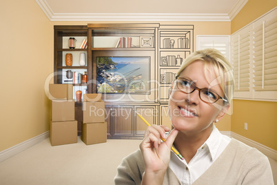 Female Holding Pencil In Room With Drawing of Entertainment Unit