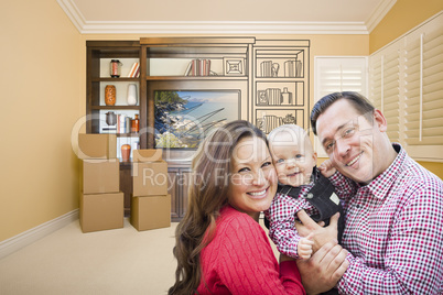 Young Family In Room With Drawing of Entertainment Unit On Wall