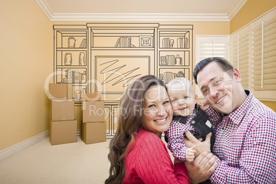 Young Family In Room With Drawing of Entertainment Unit On Wall