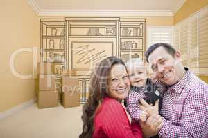 Young Family In Room With Drawing of Entertainment Unit On Wall