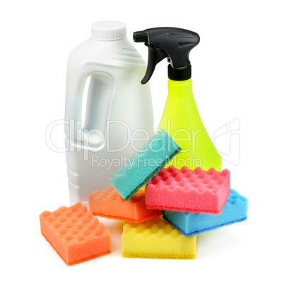 detergent and a sponge isolated on white background