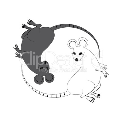 Yin Yang sign icon. White and black cute funny cartoon rat. Feng shui symbol. Isolated Flat design style. Vector illustration