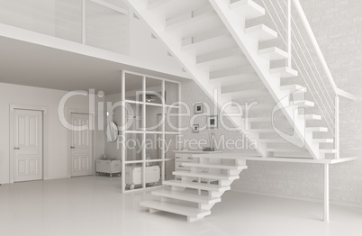 Interior of white hall with staircase 3d rendering
