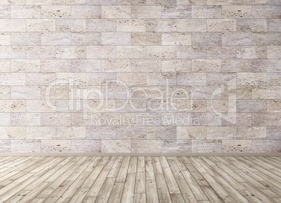 Interior with stone tiles wall and wooden floor 3d render