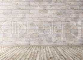 Interior with stone tiles wall and wooden floor 3d render