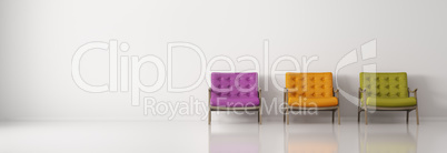 Multicolored armchairs against of white wall  panorama 3d render
