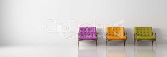 Multicolored armchairs against of white wall  panorama 3d render