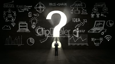 businessman Standing in front of a question mark, Business plan and various graph in black wall concept.