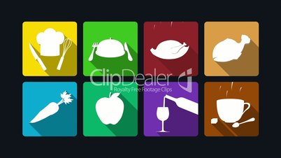 Dining icon animation: cooking,chicken. fish, vegetables, fruits, wine, coffee.