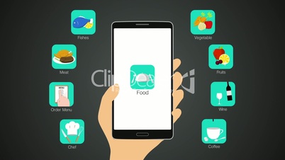 Food application function for smart phone,mobile, chef,order menu, meat, fishes, vegetable, fruit, wine, coffee(included Alpha)