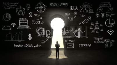 businessman Standing in front of Keyhole, Business plan and various graph in black wall concept.