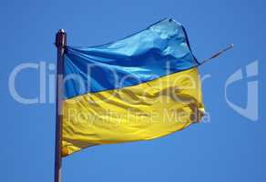 big torn Ukrainian flag flutters in wind against blue sky