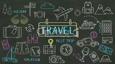 Handwriting concept of 'Travel' at chalkboard.and icon illustration.