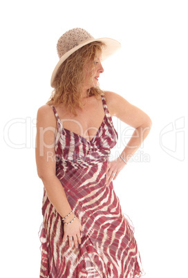 Happy blond woman with straw hat.