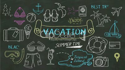 Handwriting concept of 'Vacation' at chalkboard.