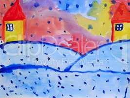 childish drawing of houses winter snowdrifts and colored haze